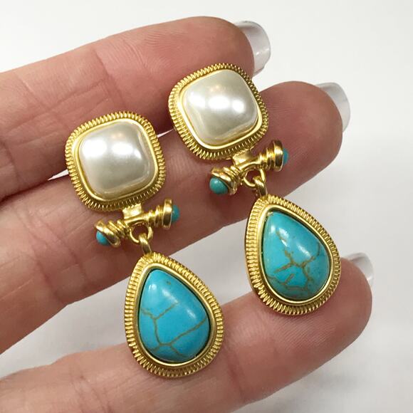 Kovonchy Signed 925 Stud Turquoise White Pearl Earrings Drop Egyptian Revival - Picture 7 of 11